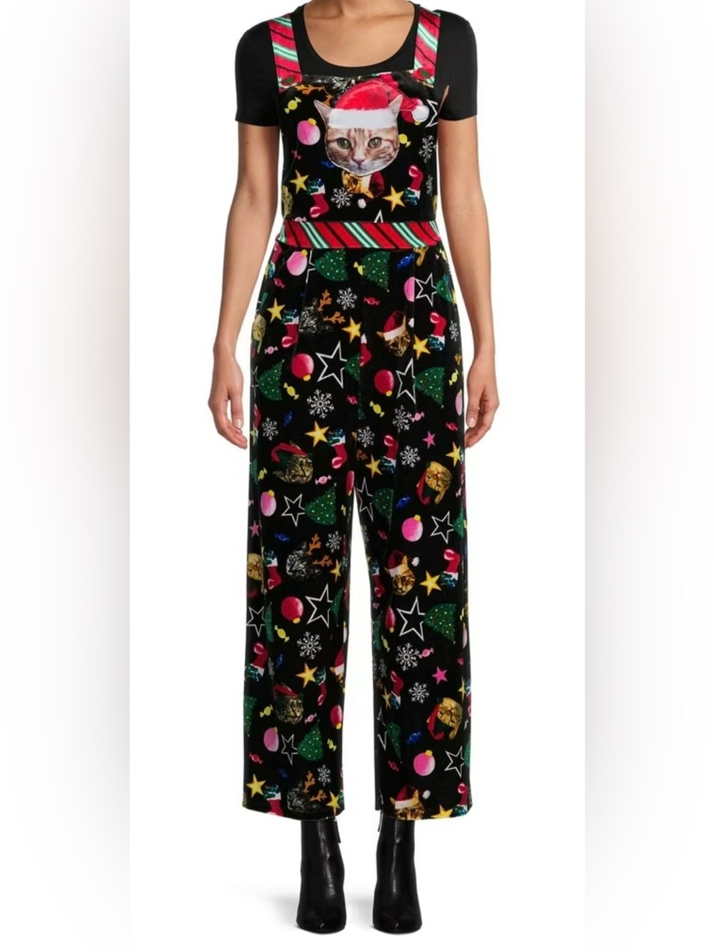 Christmas Cat Overalls Jumpsuit Velvet Holiday Novelty Pockets Kitschy Large